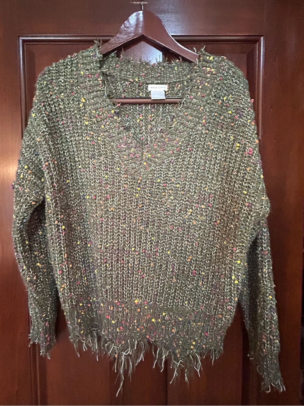 Main Strip Chunky Knit Cropped Sweater Confetti Speckled Fringe Hem Size L?